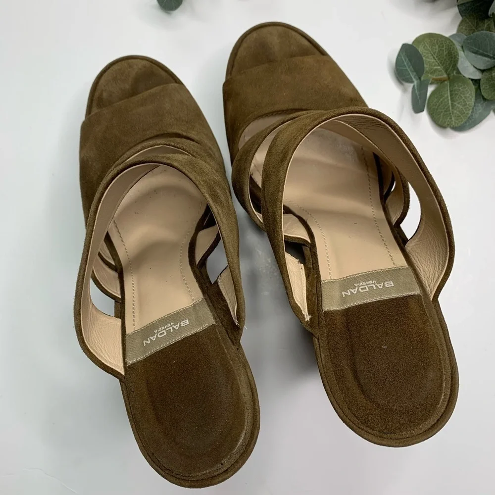 Baldan Tan Brown Suede Platform Wedge Sandals Slide On Mule Designer
